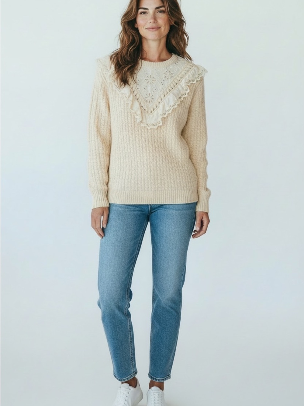 Sezane Lace-Trim Cable Crew Sweater - Cream
